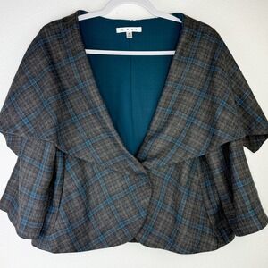 Cabi Womens Plaid Cape Blazer Jacket Teal Blue Gray Size 10